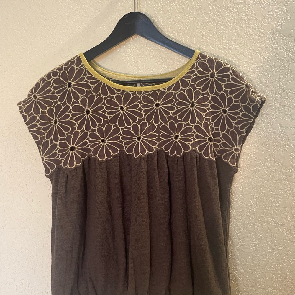 Free People Green Floral Embroidered Top